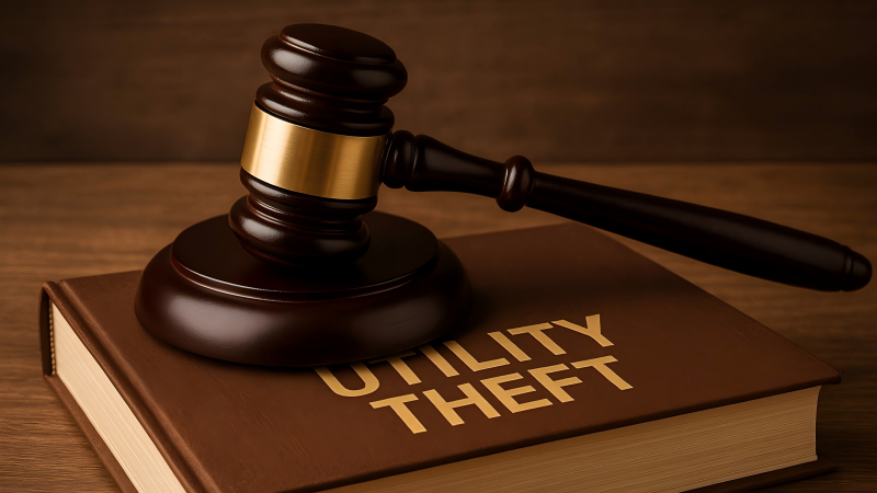 a gavel on a law book, symbolizing the legal consequences and prosecution of utility theft