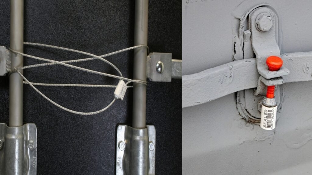 Split image showing a bolt seal on a container and a cable seal cinched tight around a complex valve system