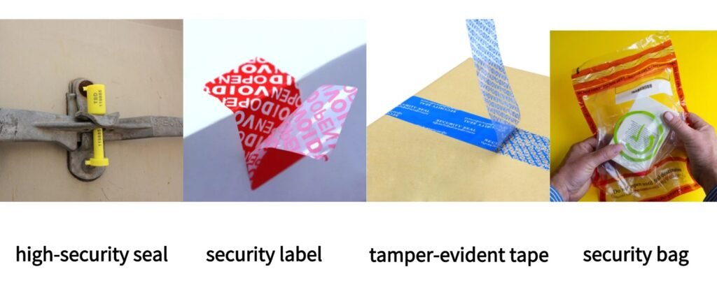 An infographic displaying the four layers of tamper-evident products: a bolt seal, security tape, a void label, and a security bag