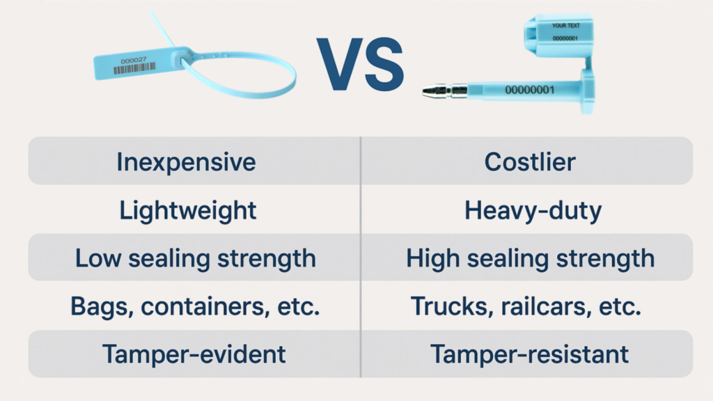 A clear infographic comparing the features and use-cases of plastic and metal seals
