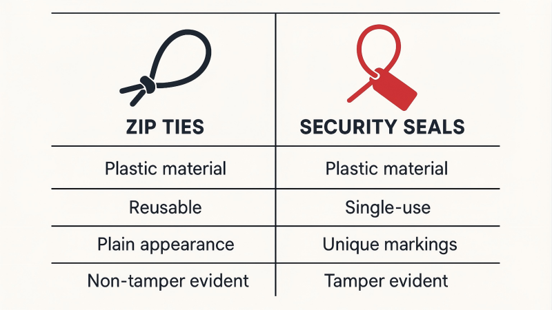 A simple, clean comparison table infographic of Zip Ties vs. Security Seals