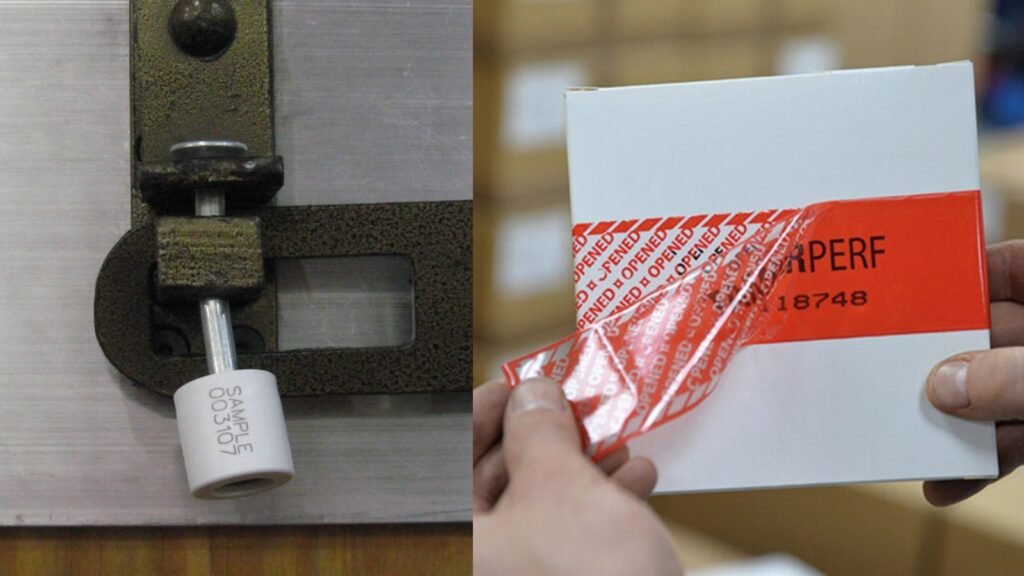 A shipping container secured with a tamper-resistant bolt seal, and inside, cartons sealed with tamper-evident tape.