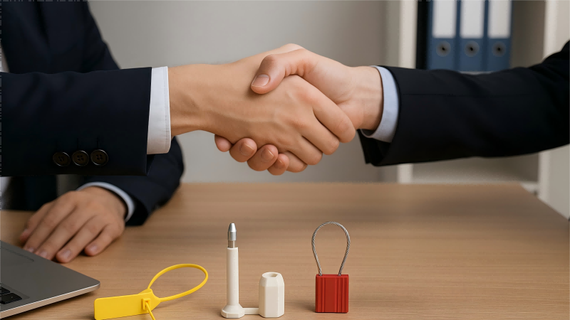 Two people shaking hands across a desk with security seals on it