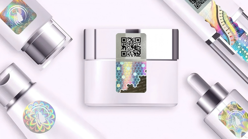 A close-up of a shimmering, complex hologram on a security label, showing depth and color shifts