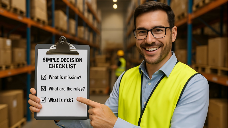 A logistics manager confidently pointing to a checklist on a clipboard in a busy warehouse