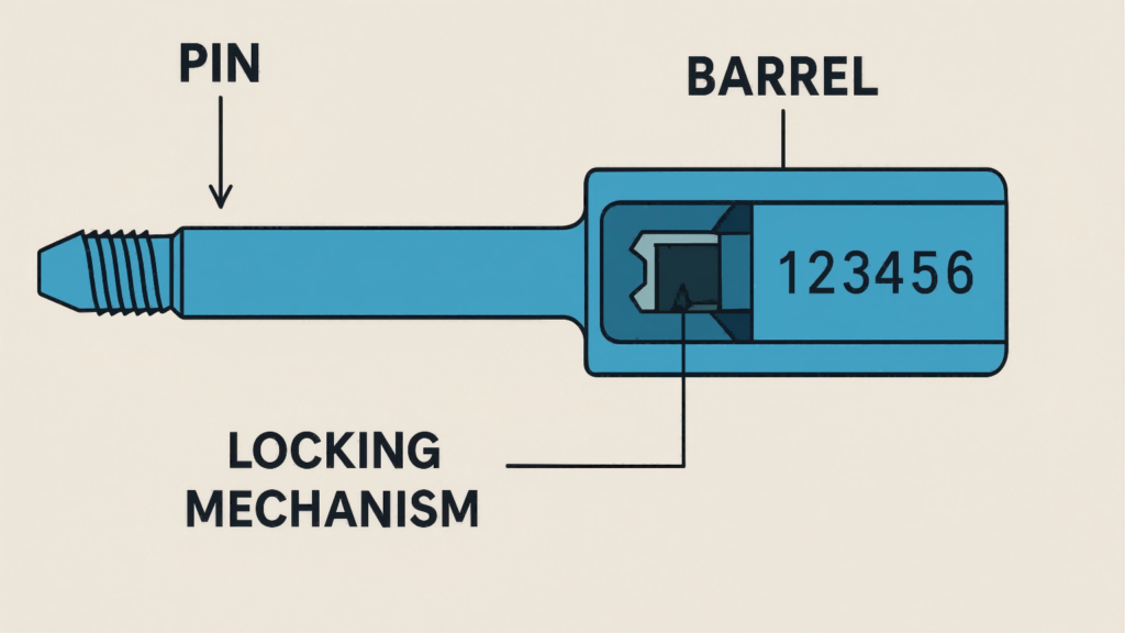 A detailed diagram showing the internal parts of a bolt seal, like the pin, barrel, and locking mechanism