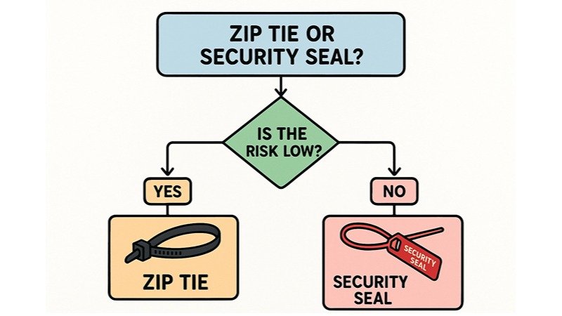 A flowchart helping a user decide between a zip tie and a security seal based on risk