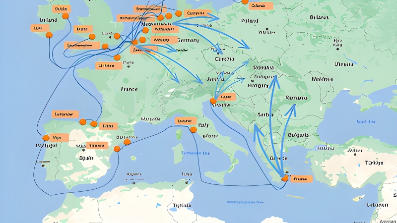 A map showing a complex international shipping route with various risk points marked