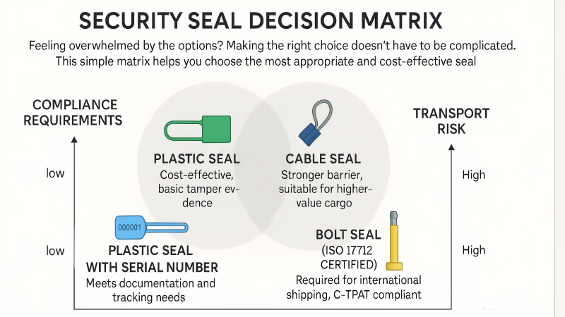 A clean, easy-to-read decision matrix chart for choosing a security seal