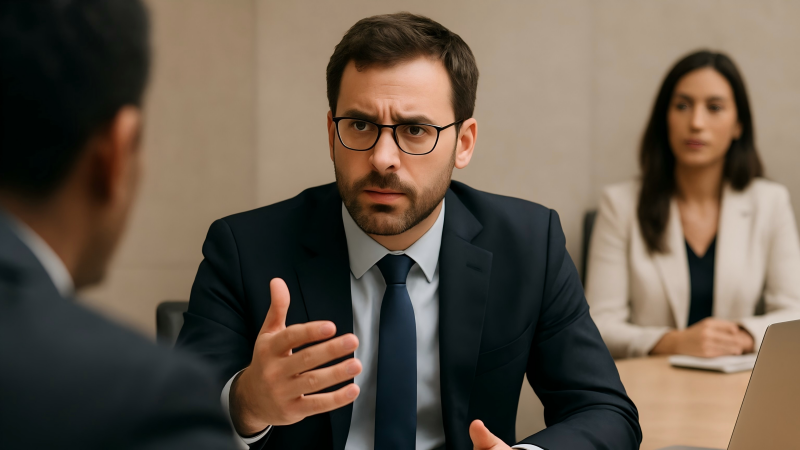 A person in a business meeting, looking discerningly while asking a question across a table