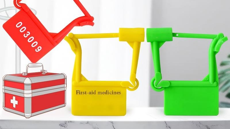 A numbered plastic pull-tight seal being applied to an emergency first-aid kit, where evidence of opening is key