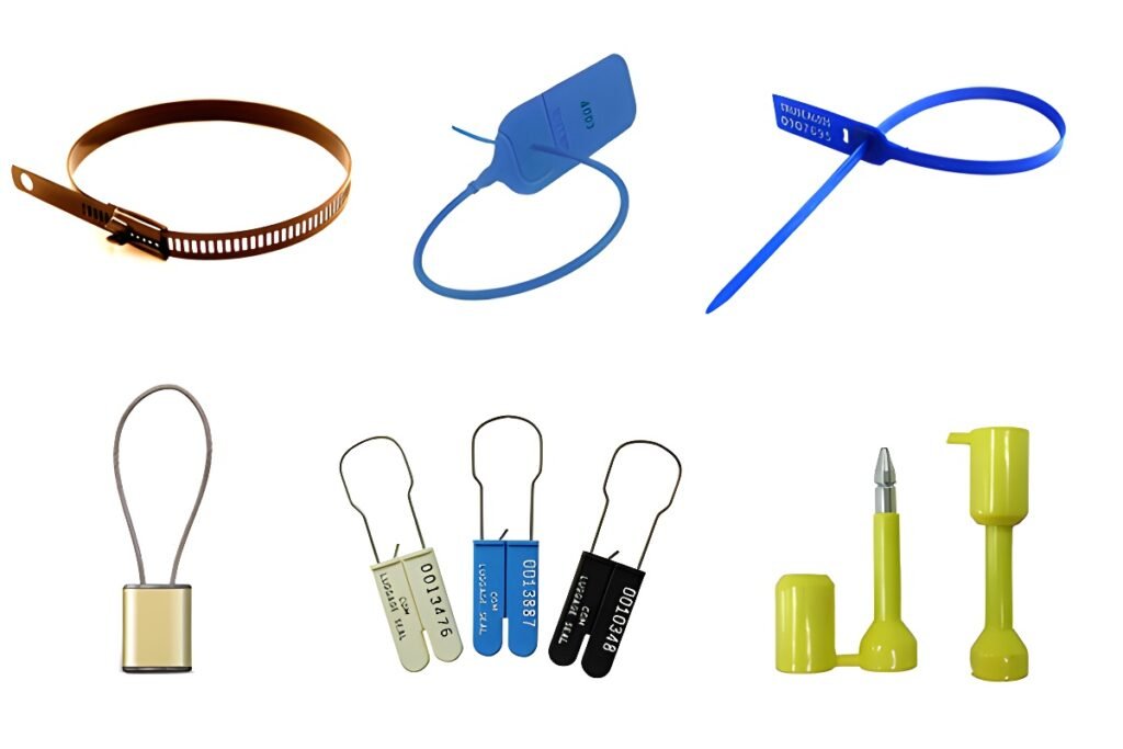 A close-up shot of several different types of security seals, highlighting the unique, laser-engraved serial numbers on each.