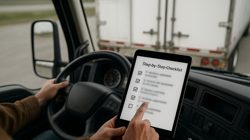 A driver following a step-by-step checklist on a tablet before sealing a truck trailer