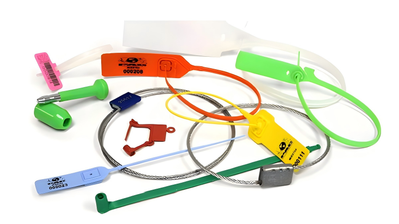 A collage of different types of security seals like bolt, cable, and plastic seals with the text