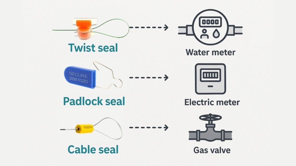 An infographic displaying three different types of seals (twist, padlock, cable) pointing to their ideal application on different utility equipment