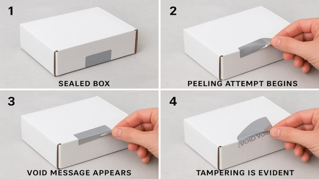 A step-by-step infographic showing 1) a sealed box, 2) peeling attempt begins, 3) VOID message appears, 4) tampering is evident