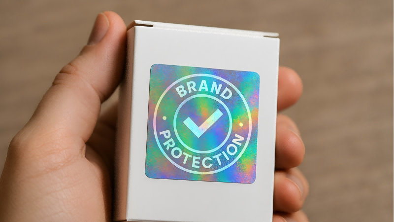 A Beginner's Guide to Hologram Stickers for Brand Protection A hand holding a product with a clear, shimmering hologram sticker, symbolizing brand protection.