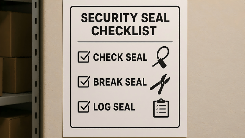 A clear, simple checklist posted on a supply room wall, outlining the steps for checking, breaking, and logging a security seal.