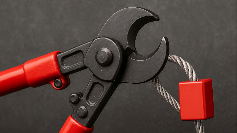 A high-quality, bypass-style cable cutter with its hooked jaws open, ready to cut a thick cable seal.