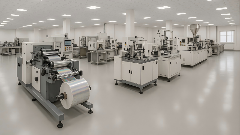 A wide-angle view of a clean, modern factory floor with different machinery stations for making hologram stickers.