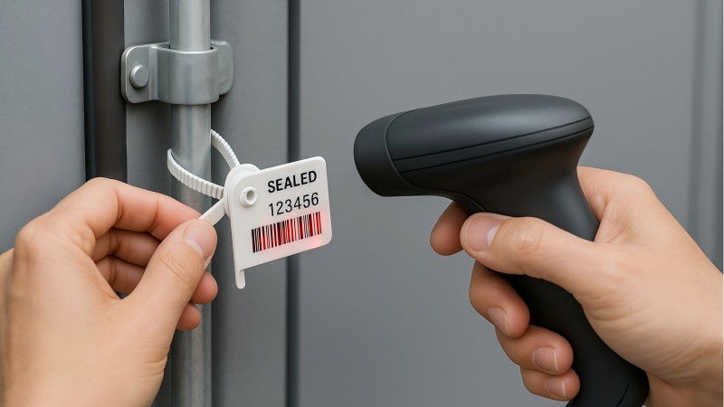 A Security Seal as a Physical Contract Enforcer A split image showing a hand locking a high-security seal, and another hand scanning its barcode into a system.