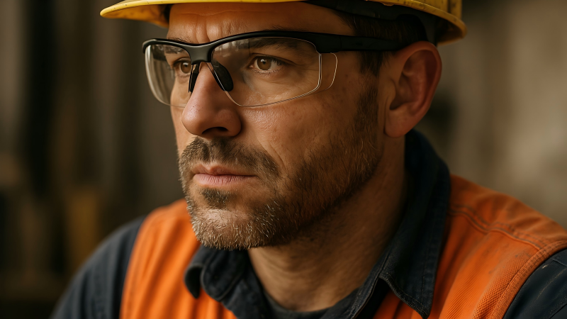  A close-up of a worker's face, showing them wearing ANSI-rated safety glasses while performing a task.