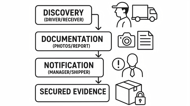 An infographic showing a simple chain of custody: 1. Discovery (Driver/Receiver), 2. Documentation (Photos/Report), 3. Notification (Manager/Shipper), 4. Secured Evidence.