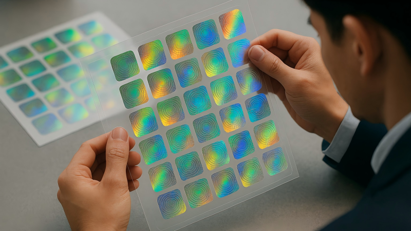 Choosing a Hologram Sticker Supplier A person carefully inspecting a hologram sticker sheet, symbolizing quality control in a supplier partnership.