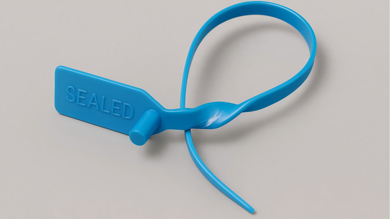  A blue plastic strap seal that has been twisted, showing a clear white stress mark, indicating tampering.