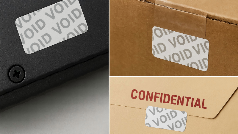 Common Applications of VOID Labels A collage showing VOID labels used on a laptop screw, a shipping carton seam, and a confidential envelope.