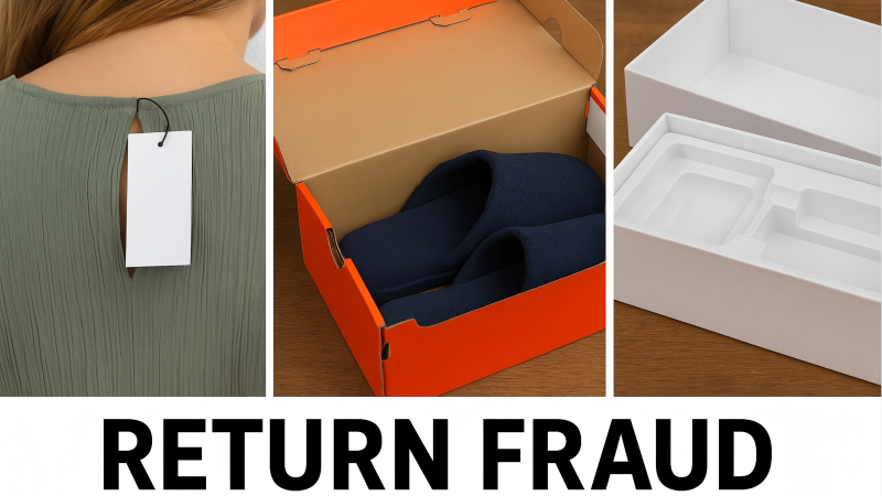 Common Methods of Return Fraud Depicting different types of return fraud: a person wearing a dress with the tag tucked in, a different, cheaper item inside a branded box, and an empty electronics box.