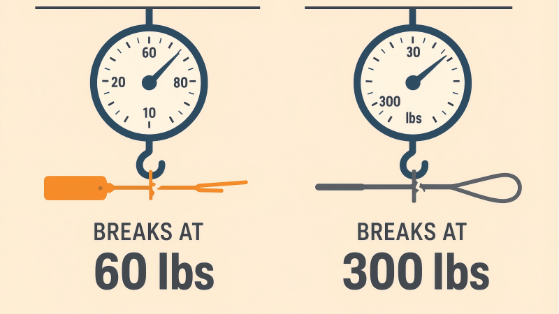 An infographic showing a weight scale pulling on a plastic seal that breaks at 60 lbs, and another pulling on a metal seal that breaks at 300 lbs.