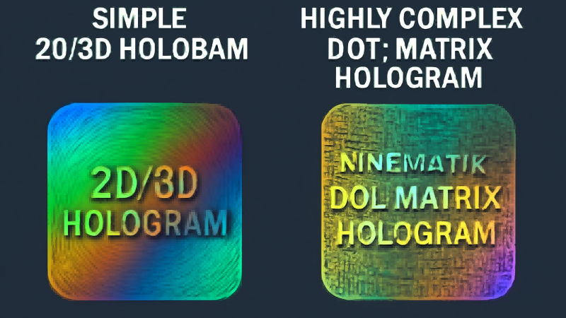 Comparison of Different Hologram Security Levels Showing a simple 2D/3D hologram next to a highly complex dot-matrix hologram with microtext and kinematic effects.