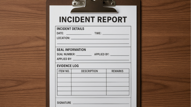 A sample incident report document on a clipboard, showing sections for Incident Details, Seal Information, Evidence Log, and a signature line.