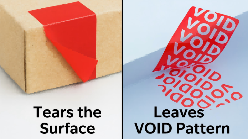 Core Mechanisms of Tamper-Evident Labels A diagram showing two tamper-evident mechanisms: one tearing the surface of a box, the other leaving a VOID pattern.