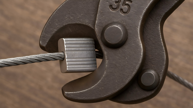 A detailed photo showing the correct placement of a cable seal deep within the jaws of a cable cutter, not at the tips.