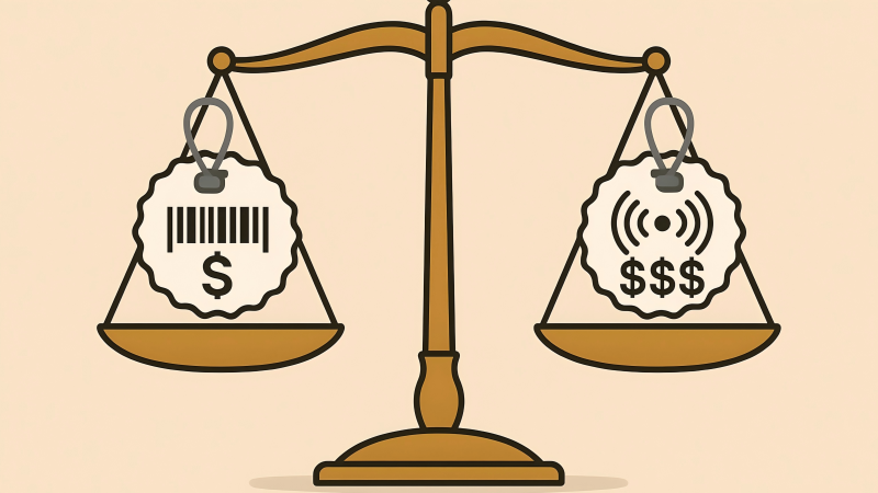 A balanced scale, with a barcode seal and a single dollar sign on one side, and an RFID seal with three dollar signs on the other.