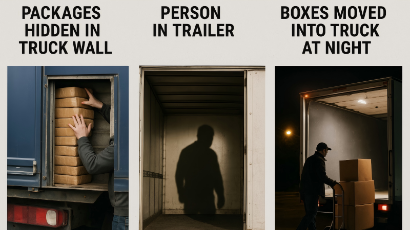 An infographic illustrating three crime scenarios: packages hidden in a truck wall, a silhouette of a person inside a trailer, and boxes being moved into a truck at night.