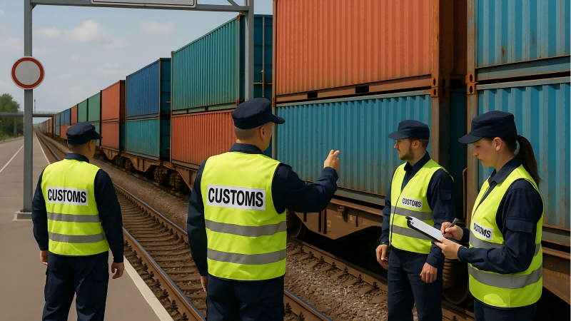 Cross-Border Rail Shipments and High-Security Seals A freight train moving through a customs checkpoint with officials inspecting the containers.