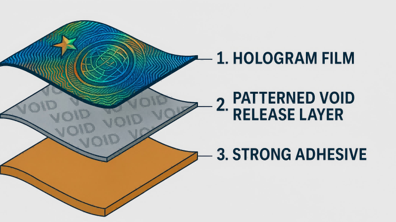 A cross-section diagram showing the layers: 1. Hologram Film > 2. Patterned VOID Release Layer > 3. Strong Adhesive.
