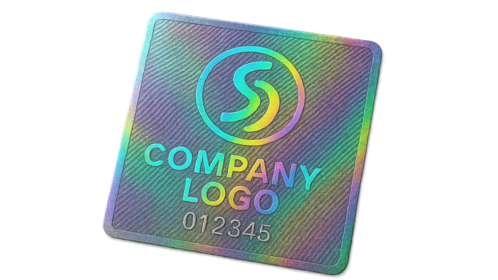 Customized High-Security Hologram Sticker A custom hologram sticker featuring a company's unique logo and a laser-etched serial number, demonstrating a high level of customization.