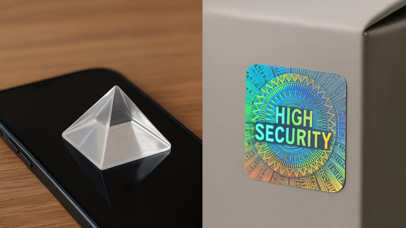 DIY Hologram vs. Professional Security Hologram Showing a smartphone with a plastic pyramid on the left, and a high-security hologram sticker on a product on the right.