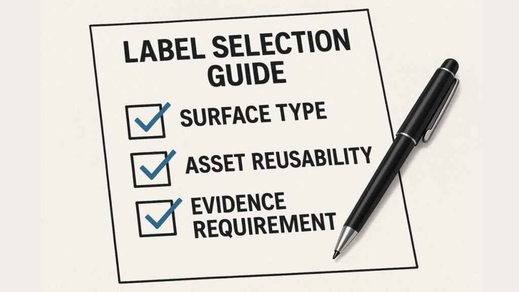 Decision-Making Guide for Buyers A checklist with a pen ticking off boxes for "Surface Type," "Asset Reusability," and "Evidence Requirement."