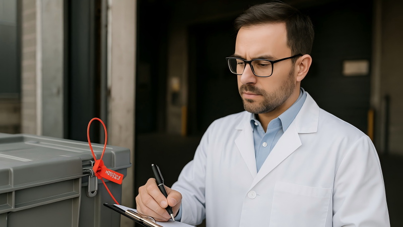 A pharmacist at a receiving dock, holding a clipboard and logging the serial number of a security seal on a newly arrived container before cutting it.