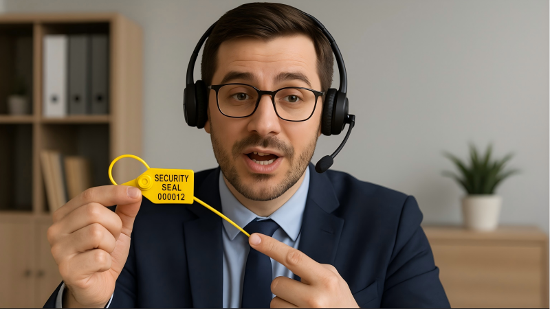 A professional sales manager on a video call with a client, clearly explaining a technical detail about a security seal.