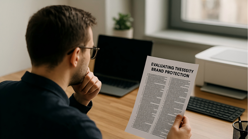 A person at a desk looking at a checklist, evaluating the need for brand protection.
