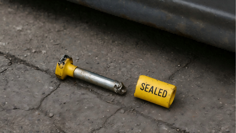 An image of a clearly broken and discarded security seal on the ground near a truck, showing obvious evidence of tampering.