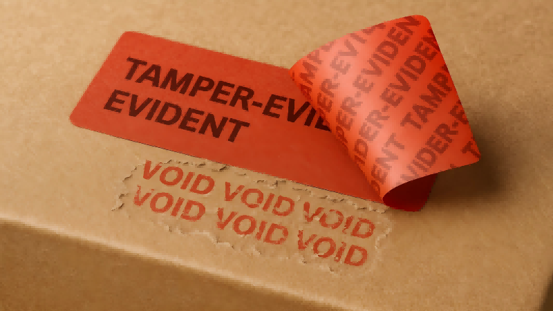 Fiber-Tear Evidence on Cardboard Packaging alt: A tamper-evident label being peeled from a cardboard box, tearing away the top layer of the box and leaving visible damage.