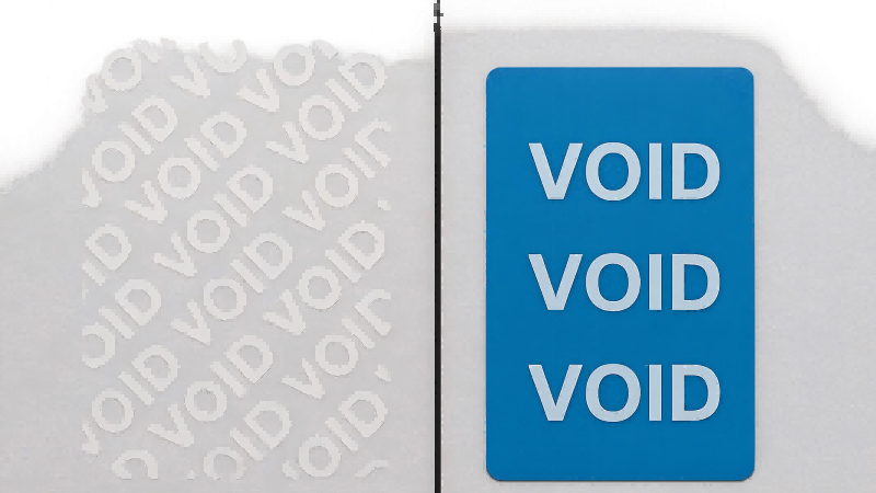Full Residue vs. Non-Residue VOID Labels Showing a full residue VOID label leaving a sticky message on one side, and a clean surface with a non-residue label on the other.