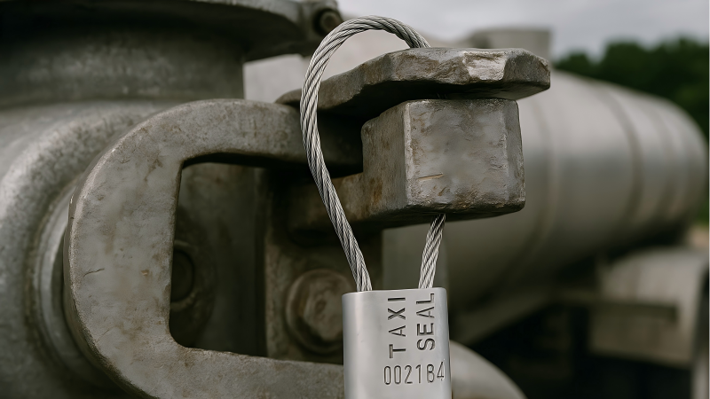 A heavy-duty, thick cable seal looped through the locking mechanism of a bulk cargo tanker's top hatch.